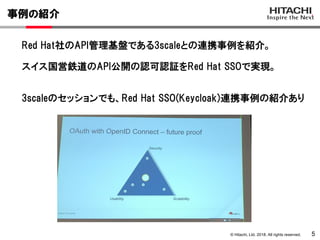 © Hitachi, Ltd. 2018. All rights reserved.
事例の紹介
5
Red Hat社のAPI管理基盤である3scaleとの連携事例を紹介。
スイス国営鉄道のAPI公開の認可認証をRed Hat SSOで実現。
3scaleのセッションでも、Red Hat SSO(Keycloak)連携事例の紹介あり
 