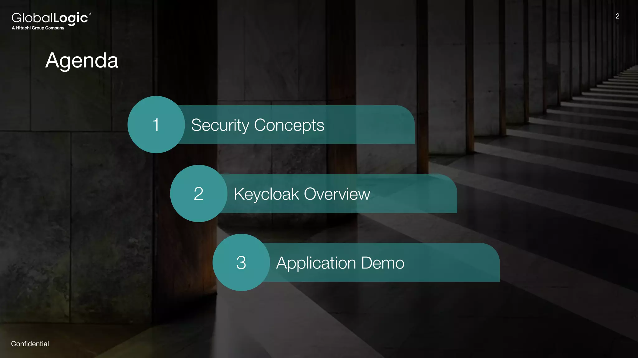 2
Conﬁdential
2
Agenda
Security Concepts
1
Keycloak Overview
2
Application Demo
3
 