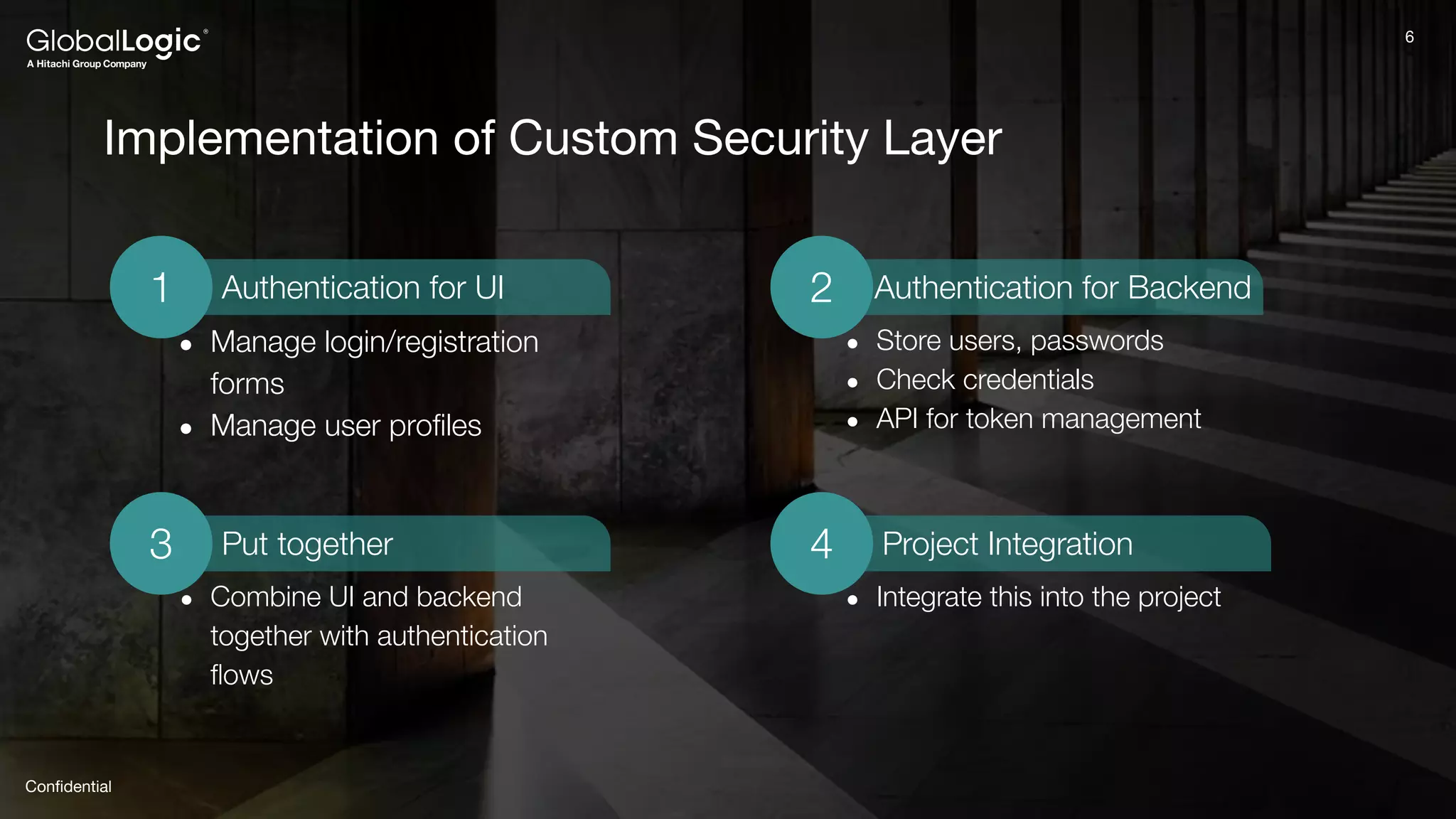 6
Conﬁdential
6
Implementation of Custom Security Layer
● Manage login/registration
forms
● Manage user proﬁles
● Store users, passwords
● Check credentials
● API for token management
Authentication for Backend
● Integrate this into the project
● Combine UI and backend
together with authentication
ﬂows
Authentication for UI
1
Put together
3 Project Integration
4
2
 