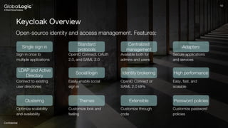 10
Conﬁdential
10
Keycloak Overview
Open-source identity and access management. Features:
Single sign in
LDAP and Active
Directory
Clustering
Standard
protocols
Social login
Themes
Centralized
management
Identity brokering
Extensible
Adapters
High performance
Password policies
Sign in once to
multiple applications
Connect to existing
user directories
Optimize scalability
and availability
OpenID Connect, OAuth
2.0, and SAML 2.0
Easily enable social
sign in
Customize look and
feeling
Available both for
admins and users
OpenID Connect or
SAML 2.0 IdPs
Customize through
code
Customize password
policies
Easy, fast, and
scalable
Secure applications
and services
 