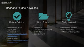12
Conﬁdential
12
Reasons to Use Keycloak
Reliable Solution
● Stable release: 19.0.1
July 29, 2022
● Issues board
(https://github.com/keycloak/k
eycloak/issues)
● Documentation
(https://www.keycloak.org/doc
umentation.html)
Open Source
● Free product
● Various customizations and
contributions
● Open community
Straightforward
● Not reinventing the wheel
● Shared libraries, keys,
certiﬁcates, and conﬁgurations
 