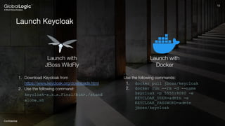 13
Conﬁdential
13
Launch Keycloak
Launch with
JBoss WildFly
Launch with
Docker
1. Download Keycloak from
https://www.keycloak.org/downloads.html
2. Use the following command:
keycloak-x.x.x.Final/bin>./stand
alone.sh
Use the following commands:
1. docker pull jboss/keycloak
2. docker run --rm -d --name
keycloak -p 5555:8080 -e
KEYCLOAK_USER=admin -e
KEYCLOAK_PASSWORD=admin
jboss/keycloak
 