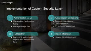 6
Conﬁdential
6
Implementation of Custom Security Layer
● Manage login/registration
forms
● Manage user proﬁles
● Store users, passwords
● Check credentials
● API for token management
Authentication for Backend
● Integrate this into the project
● Combine UI and backend
together with authentication
ﬂows
Authentication for UI
1
Put together
3 Project Integration
4
2
 