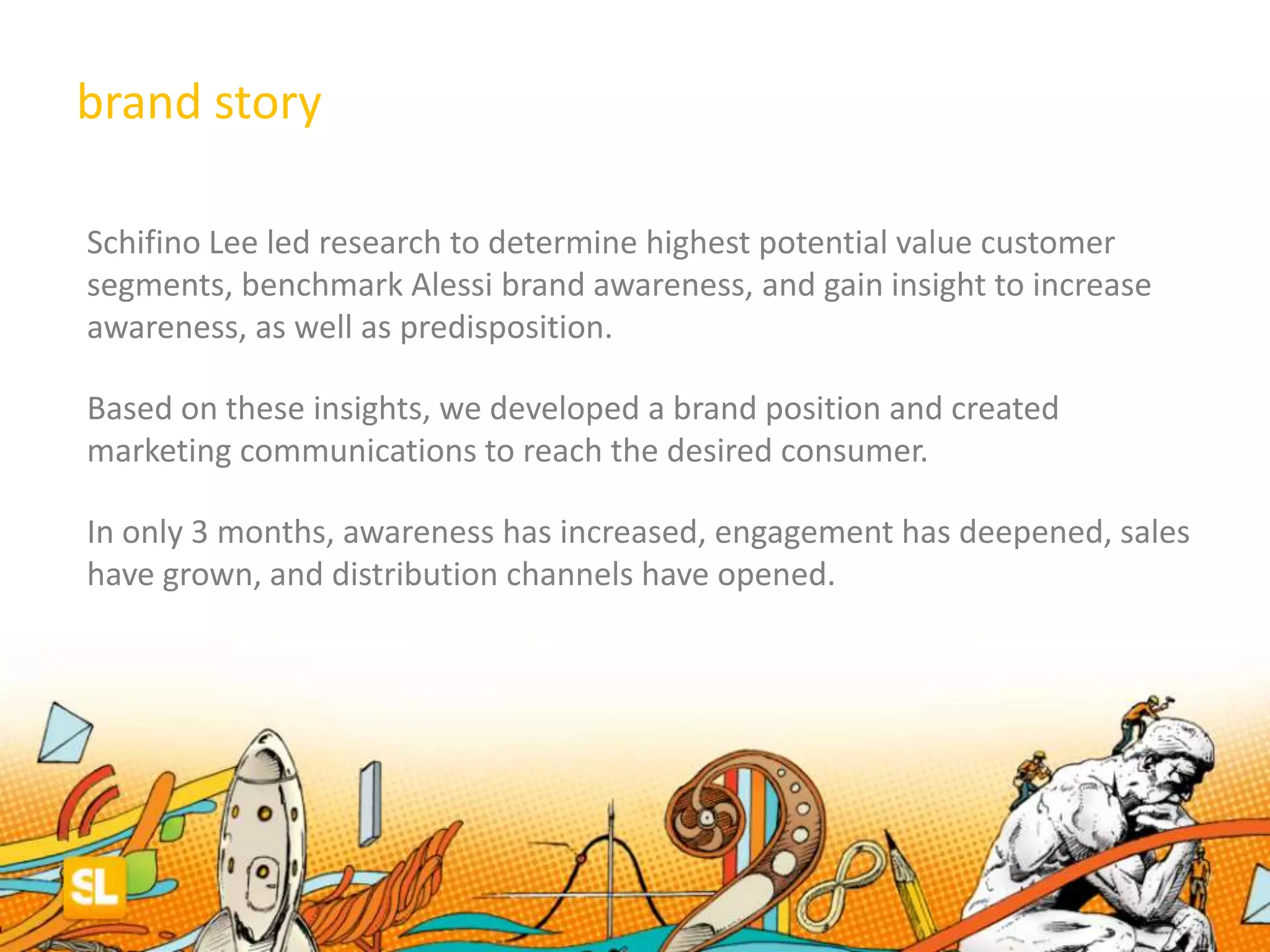 Schifino Lee led research to determine highest potential value customer
segments, benchmark Alessi brand awareness, and gain insight to increase
awareness, as well as predisposition.
Based on these insights, we developed a brand position and created
marketing communications to reach the desired consumer.
In only 3 months, awareness has increased, engagement has deepened, sales
have grown, and distribution channels have opened.
brand story
 