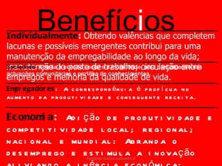 Armando Guerra Junqueiro © Benefíc i os  Individualmente :  Obtendo valências que completem lacunas e possíveis emergentes contribui para uma manutenção da empregabilidade ao longo da vida; manutenção do posto de trabalho; circulação entre empregos e melhoria da qualidade de vida. Sociedade : Amplia a coesão social e a mobilidade, pela participação nas actuações comunitárias e partilha de conhecimentos. Empregadores : A correspondência é profícua no aumento da produtividade e consequente receita. Economia :  Adição de produtividade e competitividade local; regional; nacional e mundial: Abranda o desemprego e estimula a inovação aliviando a inércia económica; redução da inflação e melhoria da qualidade de vida social. Uma reforma no sistema educacional pode contribuir para o aumento do PIB em 10%. 