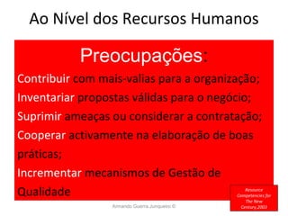 Ao Nível dos Recursos Humanos Preocupações : Contribuir  com mais-valias para a organização; Inventariar  propostas válidas para o negócio; Suprimir  ameaças ou considerar a contratação; Cooperar  activamente na elaboração de boas práticas; Incrementar  mecanismos de Gestão de Qualidade Armando Guerra Junqueiro © Resource Competencies for The New Century,2003 