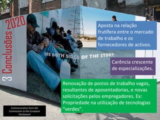 3  Conclusões  Armando Guerra Junqueiro © 2020 Renovação de postos de trabalho vagos, resultantes de aposentadorias, e novas solicitações pelos empregadores. Ex: Propriedade na utilização de tecnologias “verdes”. Carência crescente de especializações. Aposta na relação frutífera entre o mercado de trabalho e os fornecedores de activos. Communication from the Commission to the European Parliament 