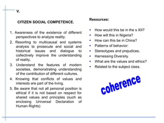 V.
CITIZEN SOCIAL COMPETENCE.
1. Awareness of the existence of different
perspectives to analyze reality.
2. Resorting to multicausal and systems
analysis to prosecute and social and
historical issues and dialogue to
collectively improve the understanding
of reality.
3. Understand the features of modern
societies, demonstrating understanding
of the contribution of different cultures.
4. Knowing that conflicts of values ​​and
interests are part of the living.
5. Be aware that not all personal position is
ethical if it is not based on respect for
shared values ​​and principles (such as
enclosing Universal Declaration of
Human Rights)
Resources:
 How would this be in the s XII?
 How will this in Nigeria?
 How can this be in China?
 Patterns of behavior:
 Stereotypes and prejudices.
 Harnessing Diversity.
 What are the values ​​and ethics?
 Related to the subject class.
 