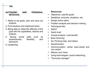 VIII.
AUTONOMY AND PERSONAL
INITIATIVE.
1. Ability to set goals, plan and carry out
projects.
2. Find solutions and implement them.
3. Being able to relate the difficulty of the
goal with the capabilities, desires and
projects.
4. Having social skills such as
assertiveness, flexibility, and
teamwork.
5. Leadership.
Resources:
 Objectives: specific goals:
 Deadlines, amounts, situations, etc.
 Design action plans.
 Problem analysis and decision making.
 Techniques like:
 SWOT
 Gantt chart
 Causal analysis / cost benefit.
 Brain Stroming
 Six Thinking Hats. And others.
 Assertiveness.
 Communication: verbal, para-verbal and
non-verbal
 Mission and vision.
 Using technologies: social networking.
 "Comunity manager"
 