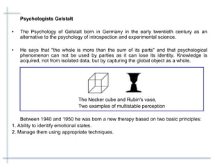 Psychologists Gelstalt
• The Psychology of Gelstalt born in Germany in the early twentieth century as an
alternative to the psychology of introspection and experimental science.
• He says that "the whole is more than the sum of its parts" and that psychological
phenomenon can not be used by parties as it can lose its identity. Knowledge is
acquired, not from isolated data, but by capturing the global object as a whole.
The Necker cube and Rubin's vase,
Two examples of multistable perception
Between 1940 and 1950 he was born a new therapy based on two basic principles:
1. Ability to identify emotional states.
2. Manage them using appropriate techniques.
 
