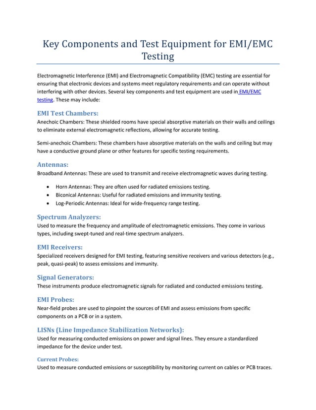 Key Components and Test Equipment for EMI EMC Testing | PDF