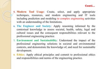 Conti…
5. Modern Tool Usage: Create, select, and apply appropriate
techniques, resources, and modern engineering and IT tools
including prediction and modeling to complex engineering activities
with an understanding of the limitations.
6. The Engineer and Society: Apply reasoning informed by the
contextual knowledge to assess societal, health, safety, legal and
cultural issues and the consequent responsibilities relevant to the
professional engineering practice.
7. Environment and Sustainability: Understand the impact of the
professional engineering solutions in societal and environmental
contexts, and demonstrate the knowledge of, and need for sustainable
development.
8. Ethics: Apply ethical principles and commit to professional ethics
and responsibilities and norms of the engineering practice.
 
