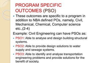 PROGRAM SPECIFIC
OUTCOMES (PSO)
 These outcomes are specific to a program in
addition to NBA defined POs, namely, Civil,
Mechanical, Chemical, Computer science
etc.,(2-4)
Example: Civil Engineering can have PSOs as:
 PSO1: Able to analyse and design building structural
systems.
 PSO2: Able to provide design solutions to water
supply and sewage systems.
 PSO3: Able to identify and analyse transportation
engineering problems and provide solutions for the
benefit of society.
 