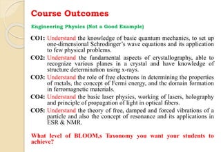 Course Outcomes
Engineering Physics (Not a Good Example)
CO1: Understand the knowledge of basic quantum mechanics, to set up
one-dimensional Schrodinger’s wave equations and its application
to few physical problems.
CO2: Understand the fundamental aspects of crystallography, able to
recognize various planes in a crystal and have knowledge of
structure determination using x-rays.
CO3: Understand the role of free electrons in determining the properties
of metals, the concept of Fermi energy, and the domain formation
in ferromagnetic materials.
CO4: Understand the basic laser physics, working of lasers, holography
and principle of propagation of light in optical fibers.
CO5: Understand the theory of free, damped and forced vibrations of a
particle and also the concept of resonance and its applications in
ESR & NMR.
What level of BLOOM,s Taxonomy you want your students to
achieve?
 
