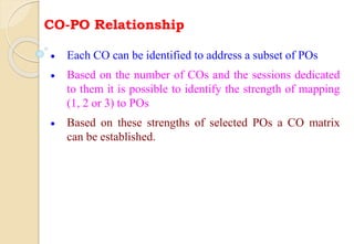CO-PO Relationship
 Each CO can be identified to address a subset of POs
 Based on the number of COs and the sessions dedicated
to them it is possible to identify the strength of mapping
(1, 2 or 3) to POs
 Based on these strengths of selected POs a CO matrix
can be established.
 