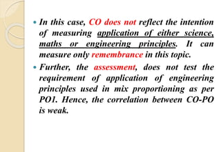  In this case, CO does not reflect the intention
of measuring application of either science,
maths or engineering principles. It can
measure only remembrance in this topic.
 Further, the assessment, does not test the
requirement of application of engineering
principles used in mix proportioning as per
PO1. Hence, the correlation between CO-PO
is weak.
 