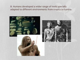 B. Humans developed a wider range of tools specially
adapted to different environments from tropics to tundra.
 