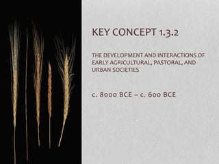 c. 8000 BCE – c. 600 BCE
KEY CONCEPT 1.3.2
THE DEVELOPMENT AND INTERACTIONS OF
EARLY AGRICULTURAL, PASTORAL, AND
URBAN SOCIETIES
 