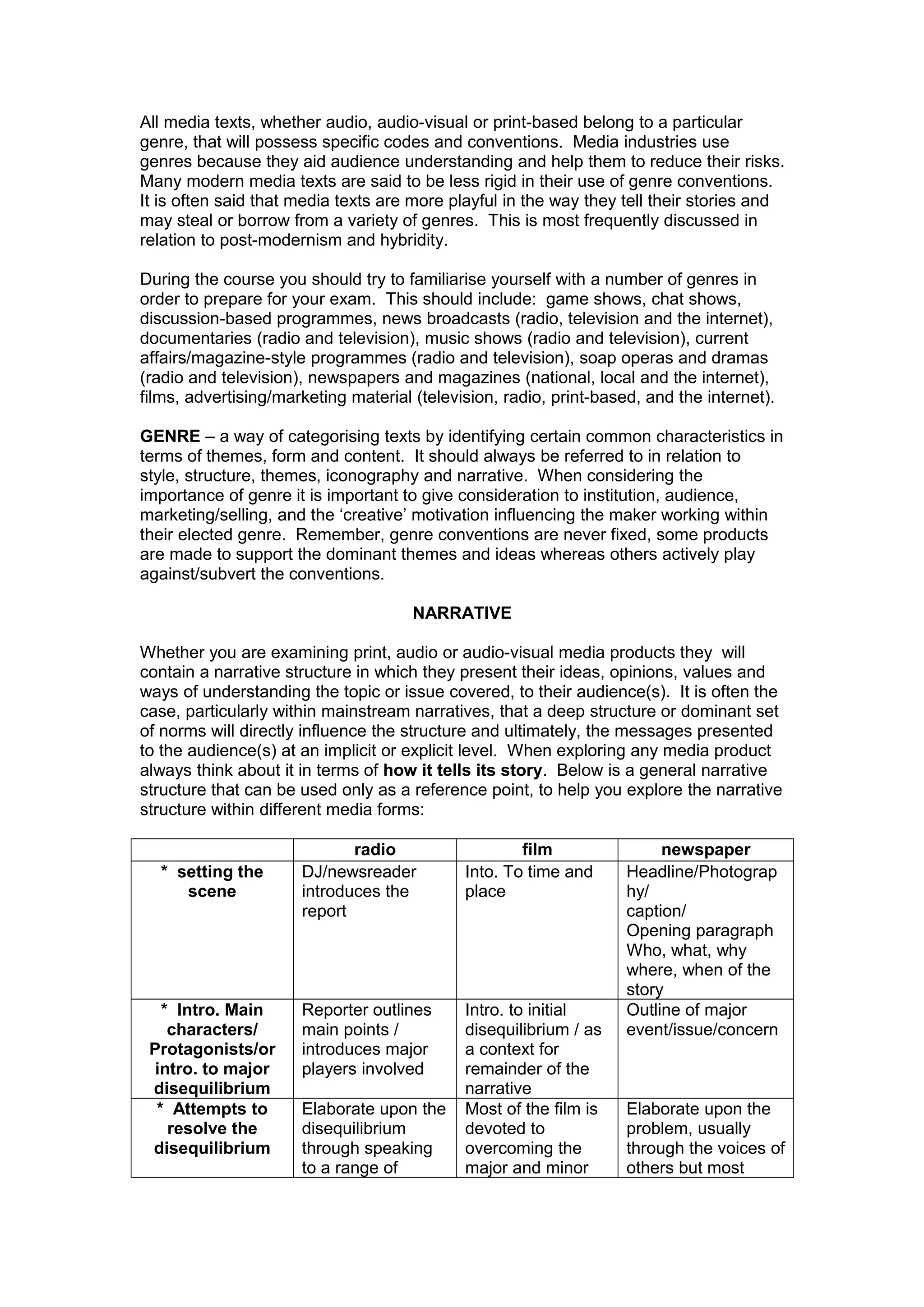 All media texts, whether audio, audio-visual or print-based belong to a particular
genre, that will possess specific codes and conventions. Media industries use
genres because they aid audience understanding and help them to reduce their risks.
Many modern media texts are said to be less rigid in their use of genre conventions.
It is often said that media texts are more playful in the way they tell their stories and
may steal or borrow from a variety of genres. This is most frequently discussed in
relation to post-modernism and hybridity.
During the course you should try to familiarise yourself with a number of genres in
order to prepare for your exam. This should include: game shows, chat shows,
discussion-based programmes, news broadcasts (radio, television and the internet),
documentaries (radio and television), music shows (radio and television), current
affairs/magazine-style programmes (radio and television), soap operas and dramas
(radio and television), newspapers and magazines (national, local and the internet),
films, advertising/marketing material (television, radio, print-based, and the internet).
GENRE – a way of categorising texts by identifying certain common characteristics in
terms of themes, form and content. It should always be referred to in relation to
style, structure, themes, iconography and narrative. When considering the
importance of genre it is important to give consideration to institution, audience,
marketing/selling, and the ‘creative’ motivation influencing the maker working within
their elected genre. Remember, genre conventions are never fixed, some products
are made to support the dominant themes and ideas whereas others actively play
against/subvert the conventions.
NARRATIVE
Whether you are examining print, audio or audio-visual media products they will
contain a narrative structure in which they present their ideas, opinions, values and
ways of understanding the topic or issue covered, to their audience(s). It is often the
case, particularly within mainstream narratives, that a deep structure or dominant set
of norms will directly influence the structure and ultimately, the messages presented
to the audience(s) at an implicit or explicit level. When exploring any media product
always think about it in terms of how it tells its story. Below is a general narrative
structure that can be used only as a reference point, to help you explore the narrative
structure within different media forms:
radio film newspaper
* setting the
scene
DJ/newsreader
introduces the
report
Into. To time and
place
Headline/Photograp
hy/
caption/
Opening paragraph
Who, what, why
where, when of the
story
* Intro. Main
characters/
Protagonists/or
intro. to major
disequilibrium
Reporter outlines
main points /
introduces major
players involved
Intro. to initial
disequilibrium / as
a context for
remainder of the
narrative
Outline of major
event/issue/concern
* Attempts to
resolve the
disequilibrium
Elaborate upon the
disequilibrium
through speaking
to a range of
Most of the film is
devoted to
overcoming the
major and minor
Elaborate upon the
problem, usually
through the voices of
others but most
 