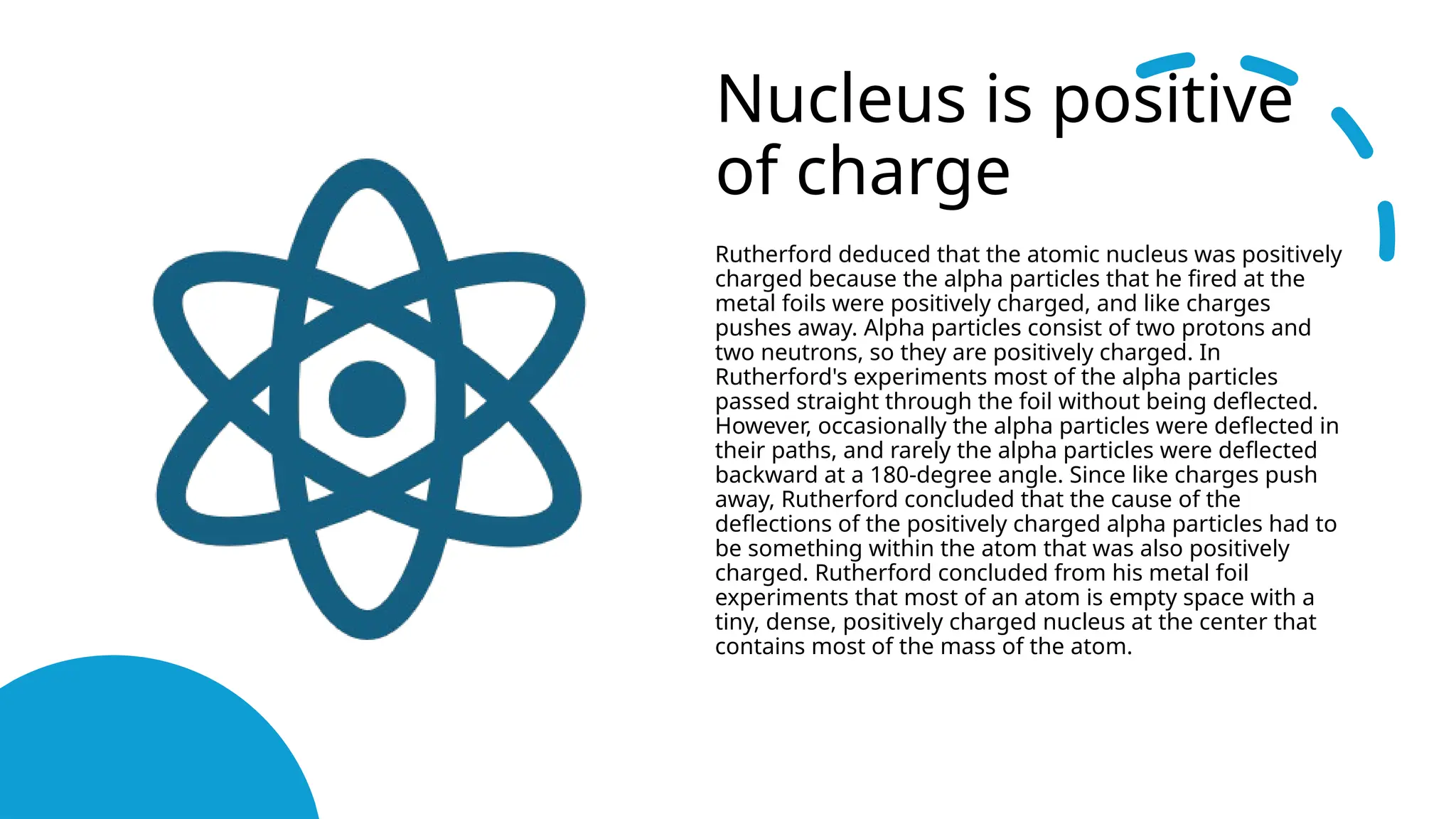 Nucleus is positive
of charge
Rutherford deduced that the atomic nucleus was positively
charged because the alpha particles that he fired at the
metal foils were positively charged, and like charges
pushes away. Alpha particles consist of two protons and
two neutrons, so they are positively charged. In
Rutherford's experiments most of the alpha particles
passed straight through the foil without being deflected.
However, occasionally the alpha particles were deflected in
their paths, and rarely the alpha particles were deflected
backward at a 180-degree angle. Since like charges push
away, Rutherford concluded that the cause of the
deflections of the positively charged alpha particles had to
be something within the atom that was also positively
charged. Rutherford concluded from his metal foil
experiments that most of an atom is empty space with a
tiny, dense, positively charged nucleus at the center that
contains most of the mass of the atom.
 
