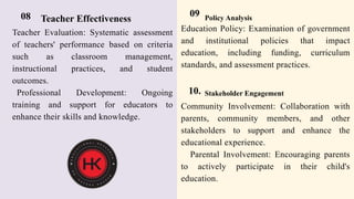 08 Teacher Effectiveness
09 Policy Analysis
Teacher Evaluation: Systematic assessment
of teachers' performance based on criteria
such as classroom management,
instructional practices, and student
outcomes.
Professional Development: Ongoing
training and support for educators to
enhance their skills and knowledge.
Education Policy: Examination of government
and institutional policies that impact
education, including funding, curriculum
standards, and assessment practices.
10. Stakeholder Engagement
Community Involvement: Collaboration with
parents, community members, and other
stakeholders to support and enhance the
educational experience.
Parental Involvement: Encouraging parents
to actively participate in their child's
education.
 