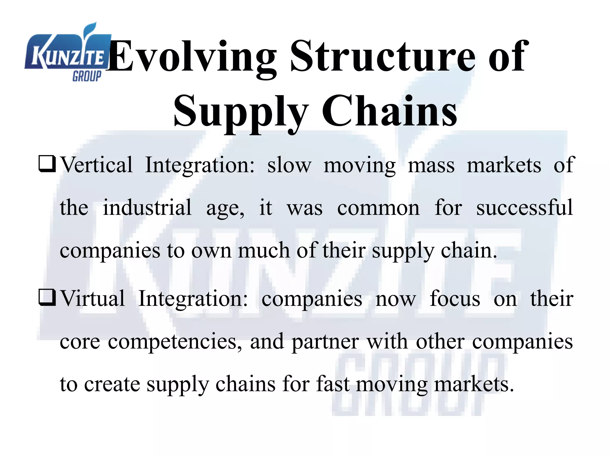 Evolving Structure of
Supply Chains
Vertical Integration: slow moving mass markets of
the industrial age, it was common for successful
companies to own much of their supply chain.
Virtual Integration: companies now focus on their
core competencies, and partner with other companies
to create supply chains for fast moving markets.
 