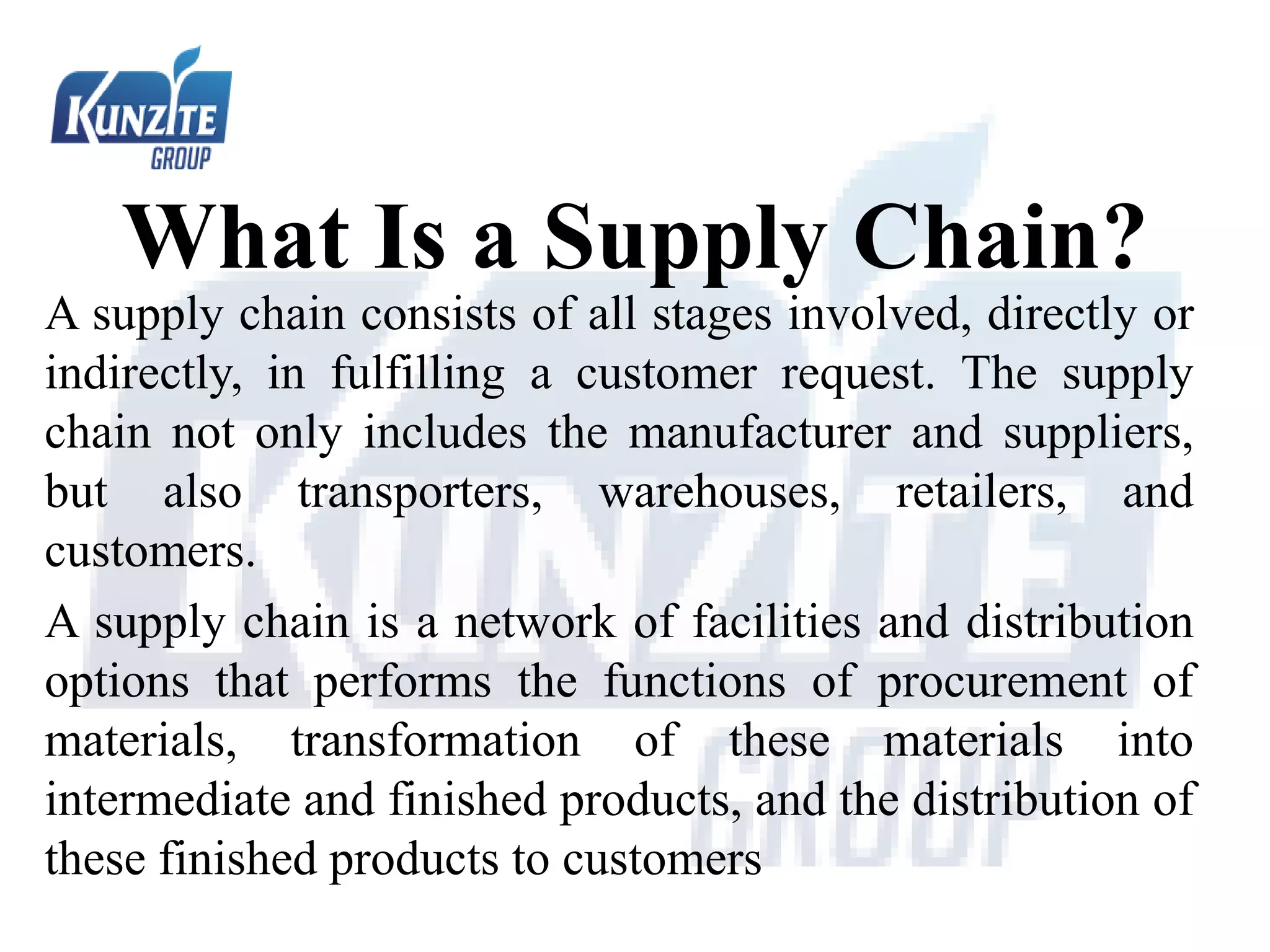 A supply chain consists of all stages involved, directly or
indirectly, in fulfilling a customer request. The supply
chain not only includes the manufacturer and suppliers,
but also transporters, warehouses, retailers, and
customers.
A supply chain is a network of facilities and distribution
options that performs the functions of procurement of
materials, transformation of these materials into
intermediate and finished products, and the distribution of
these finished products to customers
What Is a Supply Chain?
 