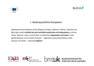 1. Muttersprachliche Kompetenz


„Muttersprachliche Kompetenz ist die Fähigkeit, Konzepte, Gedanken, Gefühle, Tatsachen und
Meinungen sowohl mündlich als auch schriftlich ausdrücken und interpretieren zu können
(Hören, Sprechen, Lesen und Schreiben) und sprachlich angemessen und kreativ in allen
gesellschaftlichen und kulturellen Kontexten — allgemeine und berufliche Bildung, Arbeit,
Zuhause und Freizeit — darauf zu reagieren“
 