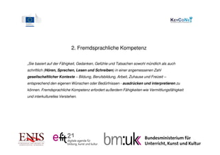 2. Fremdsprachliche Kompetenz

„Sie basiert auf der Fähigkeit, Gedanken, Gefühle und Tatsachen sowohl mündlich als auch
schriftlich (Hören, Sprechen, Lesen und Schreiben) in einer angemessenen Zahl
gesellschaftlicher Kontexte – Bildung, Berufsbildung, Arbeit, Zuhause und Freizeit –
entsprechend den eigenen Wünschen oder Bedürfnissen - ausdrücken und interpretieren zu
können. Fremdsprachliche Kompetenz erfordert außerdem Fähigkeiten wie Vermittlungsfähigkeit
und interkulturelles Verstehen.
 
