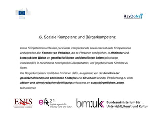 6. Soziale Kompetenz und Bürgerkompetenz

Diese Kompetenzen umfassen personelle, interpersonelle sowie interkulturelle Kompetenzen
und betreffen alle Formen von Verhalten, die es Personen ermöglichen, in effizienter und
konstruktiver Weise am gesellschaftlichen und beruflichen Leben teilzuhaben,
insbesondere in zunehmend heterogenen Gesellschaften, und gegebenenfalls Konflikte zu
lösen.

Die Bürgerkompetenz rüstet den Einzelnen dafür, ausgehend von der Kenntnis der
gesellschaftlichen und politischen Konzepte und Strukturen und der Verpflichtung zu einer
aktiven und demokratischen Beteiligung umfassend am staatsbürgerlichen Leben
teilzunehmen
 