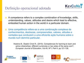 Definição operacional adotada

   A competence refers to a complex combination of knowledge, skills,
    understanding, values, attitudes and desire which lead to effective,
    embodied human action in the world in a particular domain.

   Uma competência refere-se a uma combinação complexa de
    conhecimentos, destrezas, compreensões, valores, atitudes e
    vontades que conduzem a uma eficiente ação humana sobre o
    mundo num domínio particular.

         Hoskins B.; Deakin Crick R.; (2010). Competences for learning to learn and
           active citizenships: different currencies or two sides of the same coin?,
           European Journal of Education, Vol.45, Nº1; Part II, pp.121-138.
 