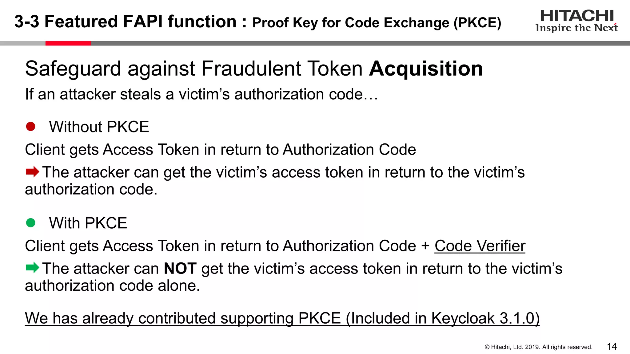 14© Hitachi, Ltd. 2019. All rights reserved. 3-3 Featured FAPI function : Proof Key for Code Exchange (PKCE) Safeguard against Fraudulent Token Acquisition If an attacker steals a victim’s authorization code… ⚫ Without PKCE Client gets Access Token in return to Authorization Code The attacker can get the victim’s access token in return to the victim’s authorization code. ⚫ With PKCE Client gets Access Token in return to Authorization Code + Code Verifier The attacker can NOT get the victim’s access token in return to the victim’s authorization code alone. We has already contributed supporting PKCE (Included in Keycloak 3.1.0) 