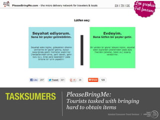 TASKSUMERS   PleaseBringMe:
             Tourists tasked with bringing
             hard to obtain items
                             Istanbul Consumer Trend Seminar |
 