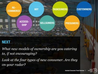RE-
                     MIY            TASKSUMERS                CUSTOWNERS
   COMMERCE


           ACCESS-         SELLSUMERS       PRESUMERS
             SHIP




NEXT
What new models of ownership are you catering
to, if not encouraging?
Look at the four types of new consumer. Are they
on your radar?
                                                                                   trend
                                            Istanbul Consumer Trend Seminar |   watching
                                                                                    .com
 