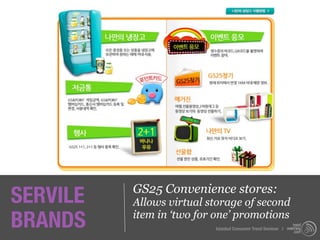 SERVILE   GS25 Convenience stores:
          Allows virtual storage of second
BRANDS    item in ‘two for one’ promotions
                          Istanbul Consumer Trend Seminar |
 