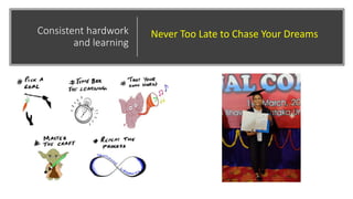 Consistent hardwork
and learning
Never Too Late to Chase Your Dreams
