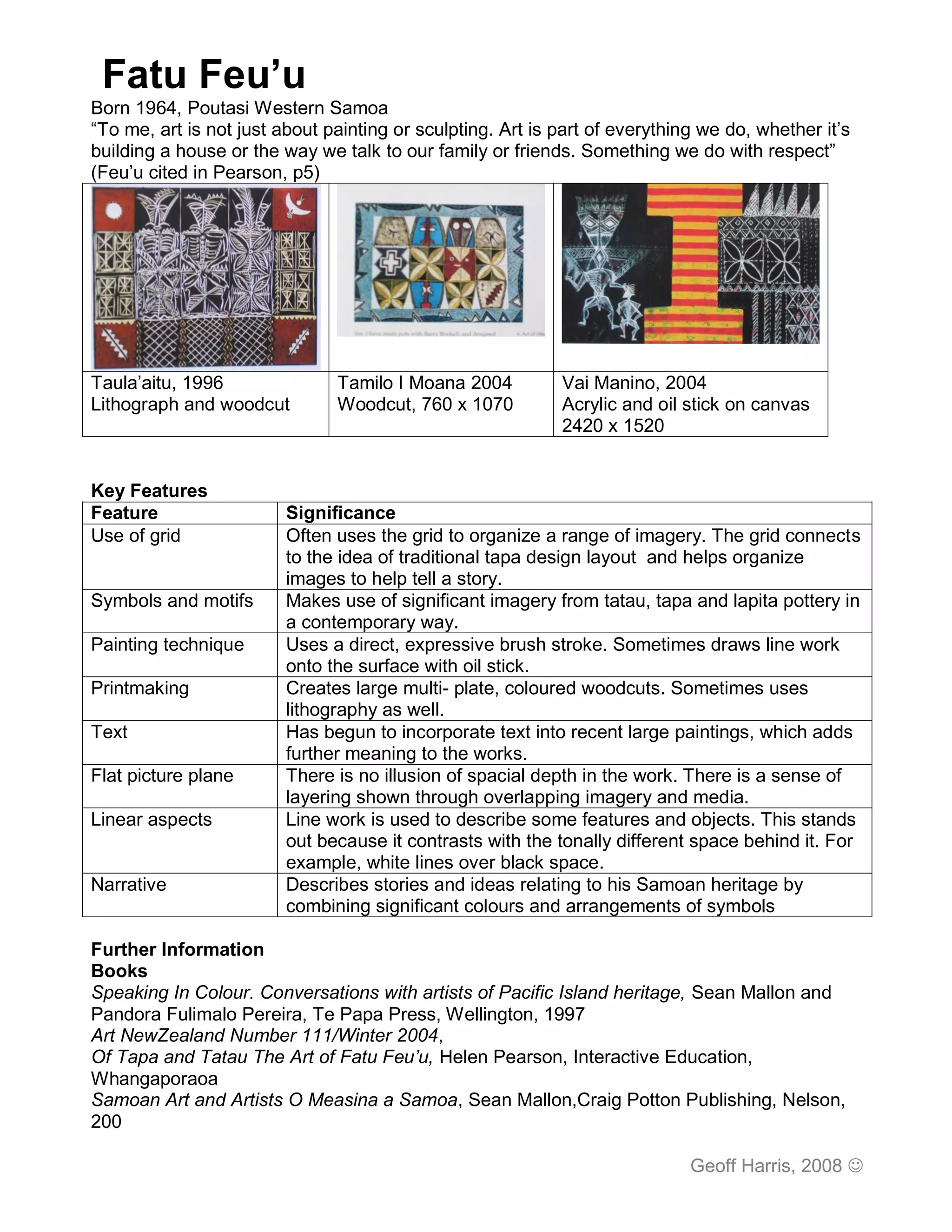 Fatu Feu’u
Born 1964, Poutasi Western Samoa
“To me, art is not just about painting or sculpting. Art is part of everything we do, whether it’s
building a house or the way we talk to our family or friends. Something we do with respect”
(Feu’u cited in Pearson, p5)




Taula’aitu, 1996               Tamilo I Moana 2004          Vai Manino, 2004
Lithograph and woodcut         Woodcut, 760 x 1070          Acrylic and oil stick on canvas
                                                            2420 x 1520


Key Features
Feature                  Significance
Use of grid              Often uses the grid to organize a range of imagery. The grid connects
                         to the idea of traditional tapa design layout and helps organize
                         images to help tell a story.
Symbols and motifs       Makes use of significant imagery from tatau, tapa and lapita pottery in
                         a contemporary way.
Painting technique       Uses a direct, expressive brush stroke. Sometimes draws line work
                         onto the surface with oil stick.
Printmaking              Creates large multi- plate, coloured woodcuts. Sometimes uses
                         lithography as well.
Text                     Has begun to incorporate text into recent large paintings, which adds
                         further meaning to the works.
Flat picture plane       There is no illusion of spacial depth in the work. There is a sense of
                         layering shown through overlapping imagery and media.
Linear aspects           Line work is used to describe some features and objects. This stands
                         out because it contrasts with the tonally different space behind it. For
                         example, white lines over black space.
Narrative                Describes stories and ideas relating to his Samoan heritage by
                         combining significant colours and arrangements of symbols

Further Information
Books
Speaking In Colour. Conversations with artists of Pacific Island heritage, Sean Mallon and
Pandora Fulimalo Pereira, Te Papa Press, Wellington, 1997
Art NewZealand Number 111/Winter 2004,
Of Tapa and Tatau The Art of Fatu Feu’u, Helen Pearson, Interactive Education,
Whangaporaoa
Samoan Art and Artists O Measina a Samoa, Sean Mallon,Craig Potton Publishing, Nelson,
200

                                                                             Geoff Harris, 2008 
 