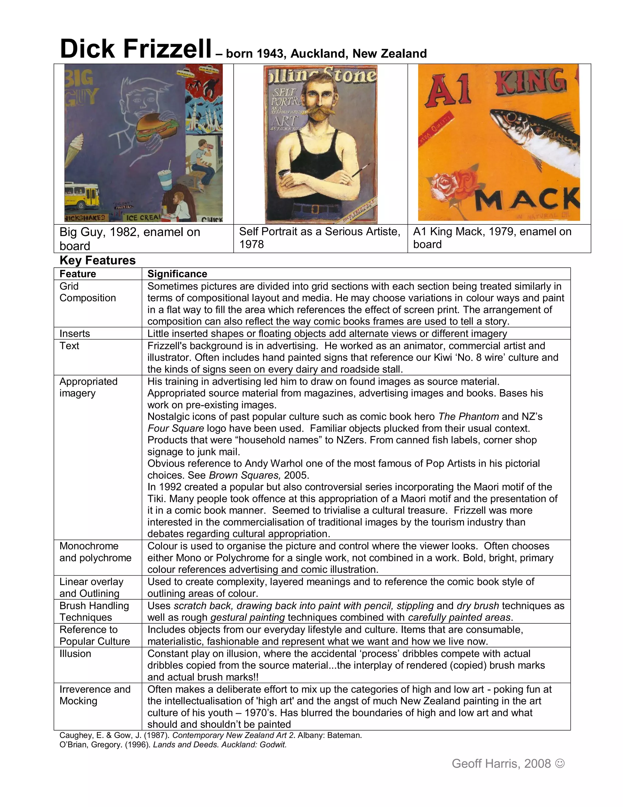 Dick Frizzell – born 1943, Auckland, New Zealand




Big Guy, 1982, enamel on                      Self Portrait as a Serious Artiste,   A1 King Mack, 1979, enamel on
board                                         1978                                  board
Key Features
Feature               Significance
Grid                  Sometimes pictures are divided into grid sections with each section being treated similarly in
Composition           terms of compositional layout and media. He may choose variations in colour ways and paint
                      in a flat way to fill the area which references the effect of screen print. The arrangement of
                      composition can also reflect the way comic books frames are used to tell a story.
Inserts               Little inserted shapes or floating objects add alternate views or different imagery
Text                  Frizzell's background is in advertising. He worked as an animator, commercial artist and
                      illustrator. Often includes hand painted signs that reference our Kiwi ‘No. 8 wire’ culture and
                      the kinds of signs seen on every dairy and roadside stall.
Appropriated          His training in advertising led him to draw on found images as source material.
imagery               Appropriated source material from magazines, advertising images and books. Bases his
                      work on pre-existing images.
                      Nostalgic icons of past popular culture such as comic book hero The Phantom and NZ’s
                      Four Square logo have been used. Familiar objects plucked from their usual context.
                      Products that were “household names” to NZers. From canned fish labels, corner shop
                      signage to junk mail.
                      Obvious reference to Andy Warhol one of the most famous of Pop Artists in his pictorial
                      choices. See Brown Squares, 2005.
                      In 1992 created a popular but also controversial series incorporating the Maori motif of the
                      Tiki. Many people took offence at this appropriation of a Maori motif and the presentation of
                      it in a comic book manner. Seemed to trivialise a cultural treasure. Frizzell was more
                      interested in the commercialisation of traditional images by the tourism industry than
                      debates regarding cultural appropriation.
Monochrome            Colour is used to organise the picture and control where the viewer looks. Often chooses
and polychrome        either Mono or Polychrome for a single work, not combined in a work. Bold, bright, primary
                      colour references advertising and comic illustration.
Linear overlay        Used to create complexity, layered meanings and to reference the comic book style of
and Outlining         outlining areas of colour.
Brush Handling        Uses scratch back, drawing back into paint with pencil, stippling and dry brush techniques as
Techniques            well as rough gestural painting techniques combined with carefully painted areas.
Reference to          Includes objects from our everyday lifestyle and culture. Items that are consumable,
Popular Culture       materialistic, fashionable and represent what we want and how we live now.
Illusion              Constant play on illusion, where the accidental ‘process’ dribbles compete with actual
                      dribbles copied from the source material...the interplay of rendered (copied) brush marks
                      and actual brush marks!!
Irreverence and       Often makes a deliberate effort to mix up the categories of high and low art - poking fun at
Mocking               the intellectualisation of 'high art' and the angst of much New Zealand painting in the art
                      culture of his youth – 1970’s. Has blurred the boundaries of high and low art and what
                      should and shouldn’t be painted
Caughey, E. & Gow, J. (1987). Contemporary New Zealand Art 2. Albany: Bateman.
O’Brian, Gregory. (1996). Lands and Deeds. Auckland: Godwit.

                                                                                           Geoff Harris, 2008 
 