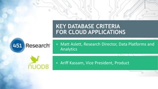KEY DATABASE CRITERIA
FOR CLOUD APPLICATIONS
+ Matt Aslett, Research Director, Data Platforms and
Analytics
+ Ariff Kassam, Vice President, Product
 