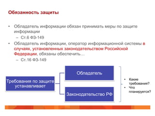 Обязанность защиты
•  Обладатель информации обязан принимать меры по защите
информации
–  Ст.6 ФЗ-149
•  Обладатель информации, оператор информационной системы в
случаях, установленных законодательством Российской
Федерации, обязаны обеспечить…
–  Ст.16 ФЗ-149
Требования по защите
устанавливает
Обладатель
Законодательство РФ
•  Какие
требования?
•  Что
планируется?
 