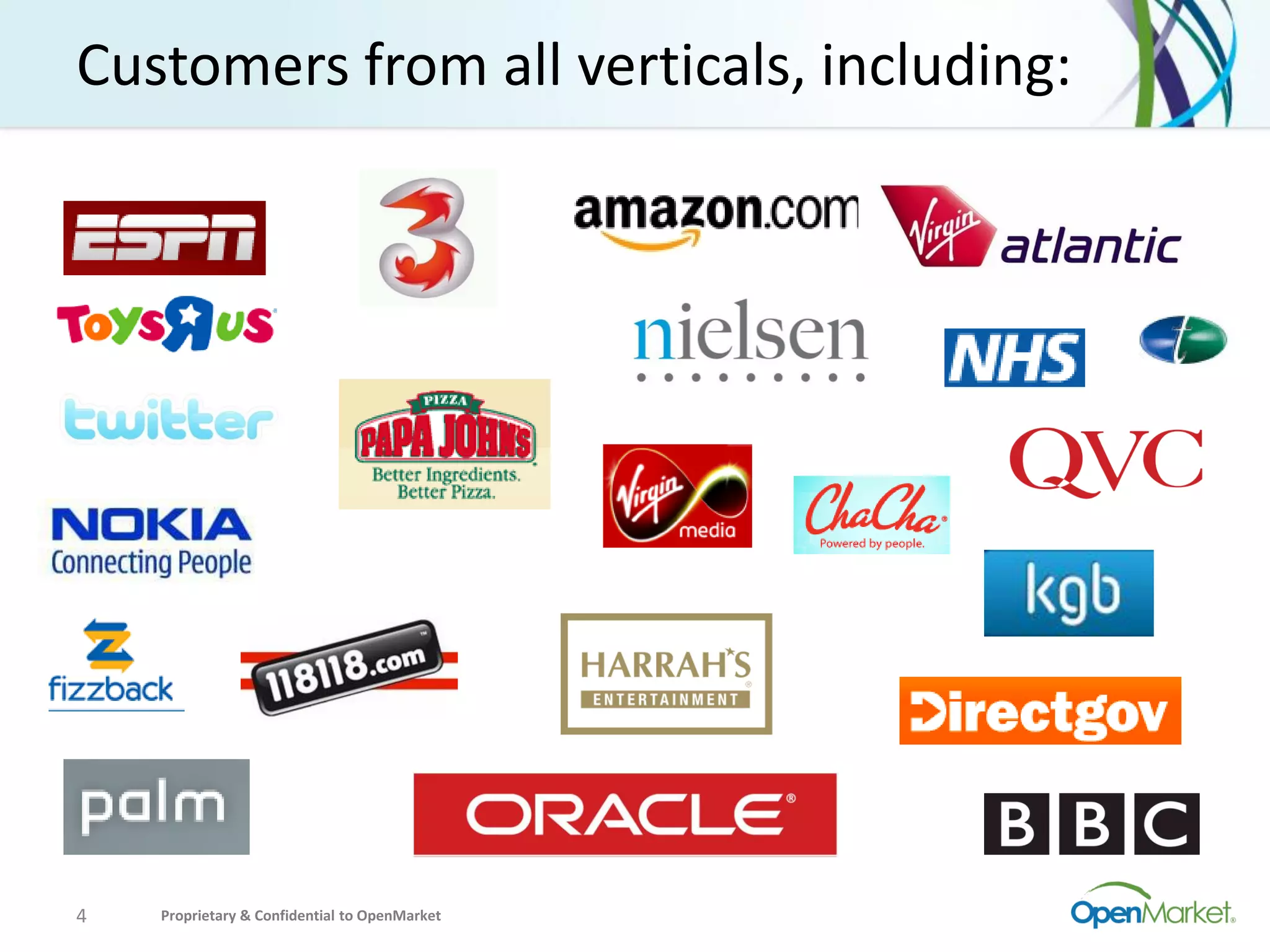 Customers from all verticals, including:




4   Proprietary & Confidential to OpenMarket
 