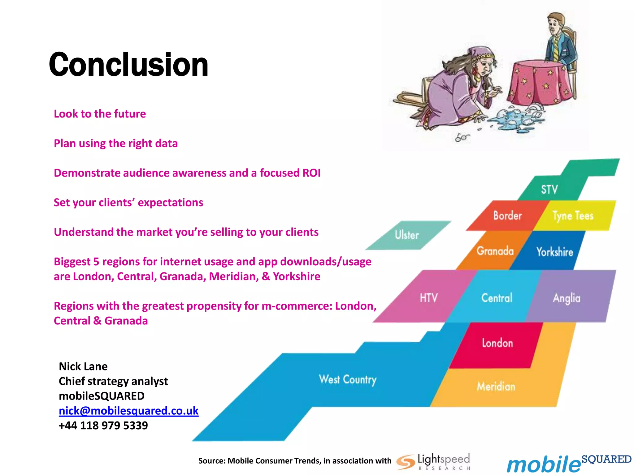 Conclusion
Look to the future

Plan using the right data

Demonstrate audience awareness and a focused ROI

Set your clients’ expectations

Understand the market you’re selling to your clients

Biggest 5 regions for internet usage and app downloads/usage
are London, Central, Granada, Meridian, & Yorkshire

Regions with the greatest propensity for m-commerce: London,
Central & Granada


 Nick Lane
 Chief strategy analyst
 mobileSQUARED
 nick@mobilesquared.co.uk
 +44 118 979 5339

                             Source: Mobile Consumer Trends, in association with
 