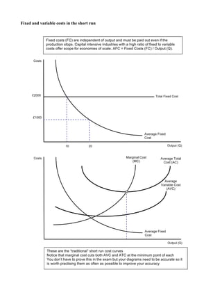 Fixed and variable costs in the short run
Costs
Output (Q)
Total Fixed Cost
Average Fixed
Cost
10
£2000
£1000
20
Fixed costs (FC) are independent of output and must be paid out even if the
production stops. Capital intensive industries with a high ratio of fixed to variable
costs offer scope for economies of scale. AFC = Fixed Costs (FC) / Output (Q).
Costs
Output (Q)
Average Fixed
Cost
Marginal Cost
(MC)
Average Total
Cost (AC)
Average
Variable Cost
(AVC)
These are the “traditional” short run cost curves
Notice that marginal cost cuts both AVC and ATC at the minimum point of each
You don’t have to prove this in the exam but your diagrams need to be accurate so it
is worth practising them as often as possible to improve your accuracy
 