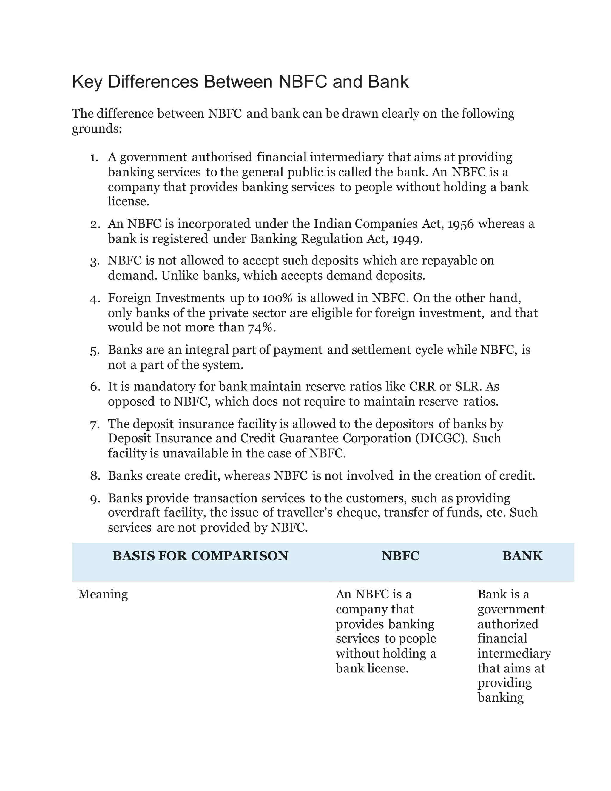 Key differences between nbfc and bank PDF
