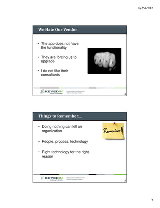 6/25/2012




We Hate Our Vendor


• The app does not have
  the functionality

• They are forcing us to
  upgrade

• I do not like their
  consultants




                                   13




Things to Remember….

• Doing nothing can kill an
  organization

• People, process, technology

• Right technology for the right
  reason




                                   14




                                               7
 