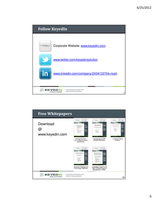 6/25/2012




Follow KeyedIn



       Corporate Website: www.keyedin.com



       www.twitter.com/keyedinsolution



       www.linkedin.com/company/2434133?trk=tyah




                                                   17




Free Whitepapers

Download
@
www.keyedin.com




                                                   18




                                                               9
 