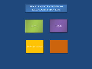 KEY ELEMENTS NEEDED TO
   LEAD A CHRISTIAN LIFE




  FAITH           LOVE




FORGIVENESS
 