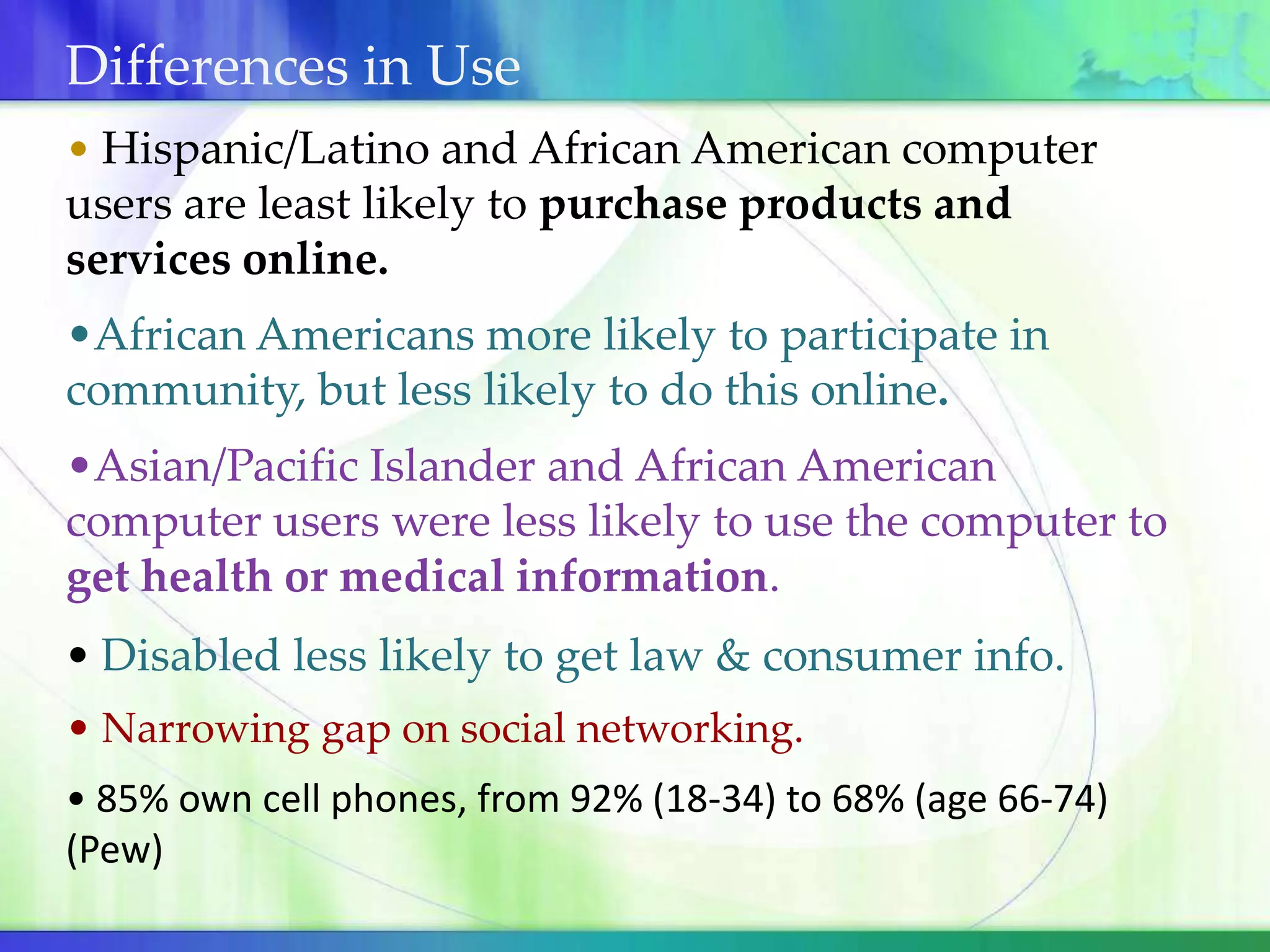 Differences in UseHispanic/Latino and African American computer users are least likely to purchase products and services online.