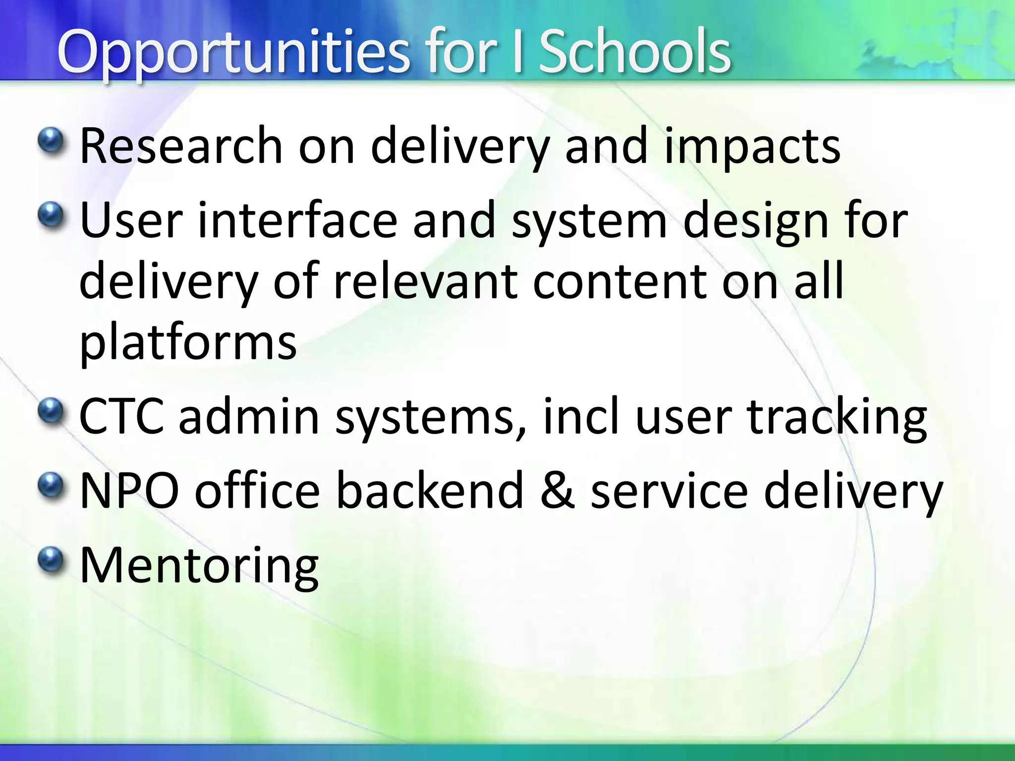  85% own cell phones, from 92% (18-34) to 68% (age 66-74) (Pew)Tech adoption justice issuesFluency in applications varies greatlyGains, but very significant differences based on education, income, age, language and disability	Key barriers to adoption include awareness & training, cost, security, and maintenanceTrusted teachers & settings importantGreat need for visual design 