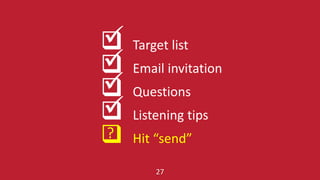  Target list
 Email invitation
 Questions
 Listening tips
 Hit “send”



?
27
 